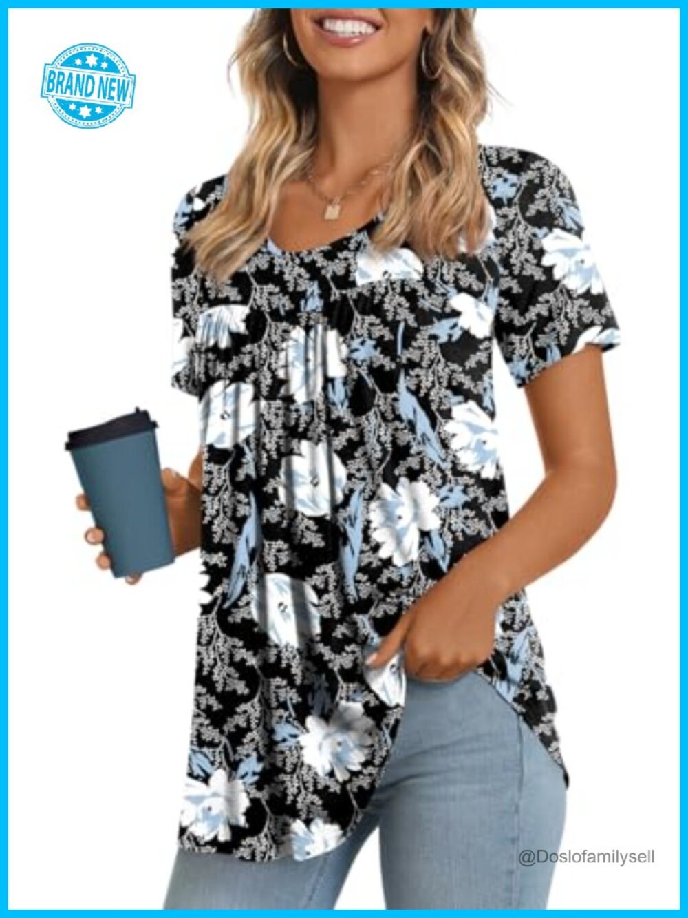 Womens Tunic Top Short Sleeve Pleated Front Round Neck Casual Summer Blouse